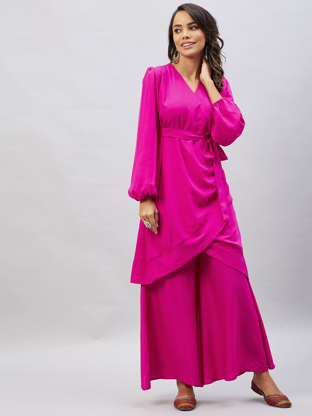 InWeave Women's Magenta Tie Up Kurta Palazzo Set - Swadesiicart