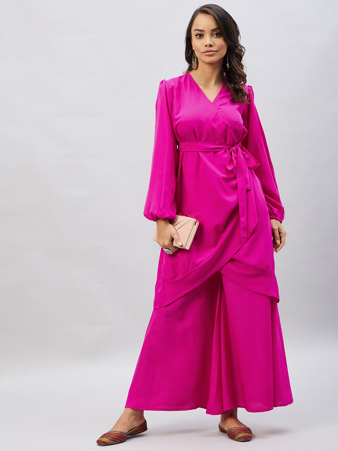 InWeave Women's Magenta Tie Up Kurta Palazzo Set - Swadesiicart