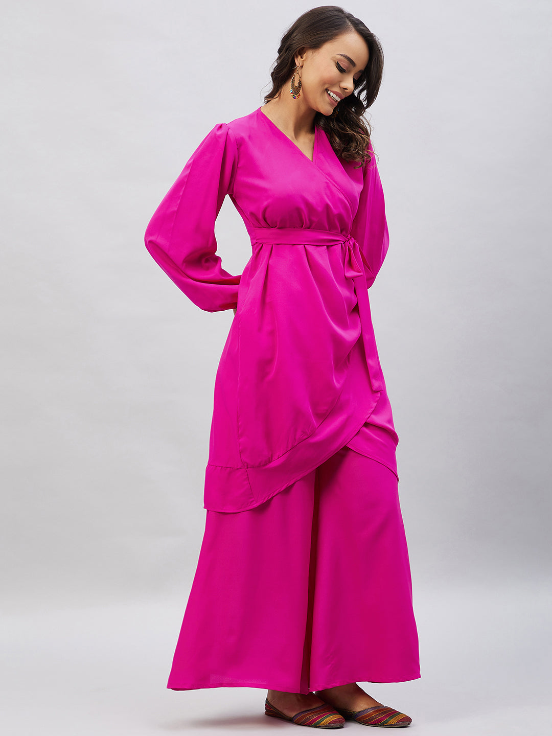 InWeave Women's Magenta Tie Up Kurta Palazzo Set - Swadesiicart