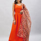 InWeave Women's Orange Strappy Set With Beige Orange Floral Organza Dupatta - Swadesiicart
