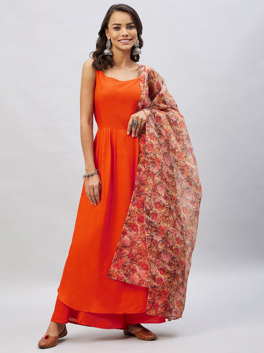 InWeave Women's Orange Strappy Set With Beige Orange Floral Organza Dupatta - Swadesiicart
