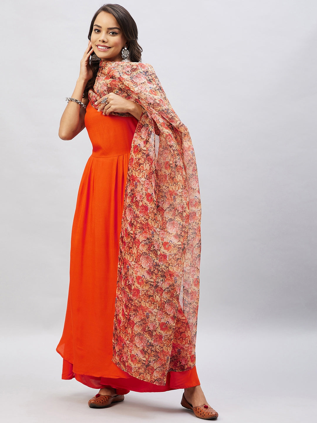InWeave Women's Orange Strappy Set With Beige Orange Floral Organza Dupatta - Swadesiicart