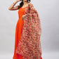 InWeave Women's Orange Strappy Set With Beige Orange Floral Organza Dupatta - Swadesiicart