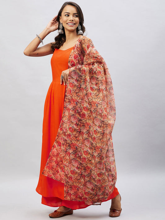 InWeave Women's Orange Strappy Set With Beige Orange Floral Organza Dupatta - Swadesiicart