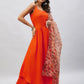 InWeave Women's Orange Strappy Set With Beige Orange Floral Organza Dupatta - Swadesiicart