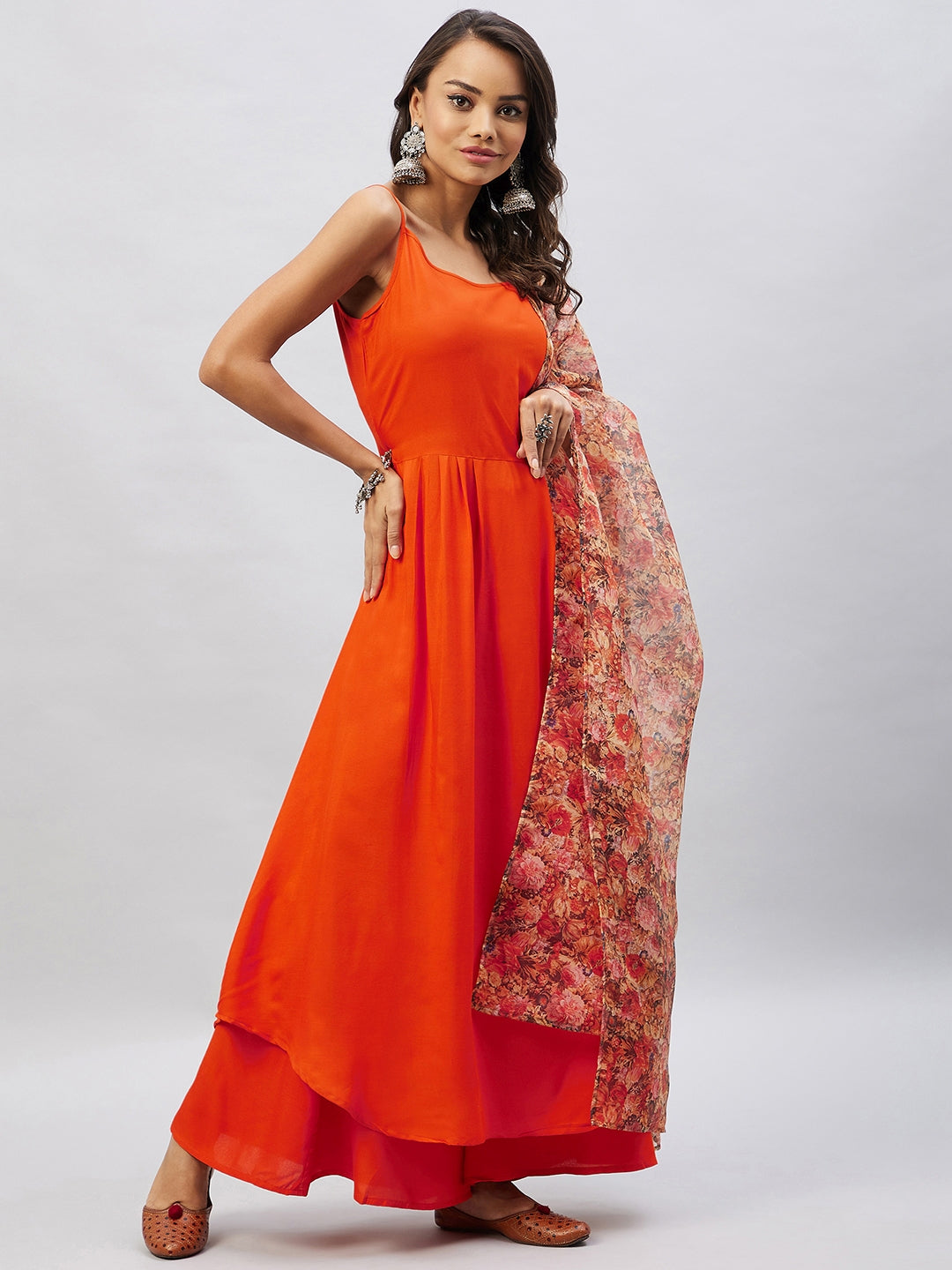 InWeave Women's Orange Strappy Set With Beige Orange Floral Organza Dupatta - Swadesiicart