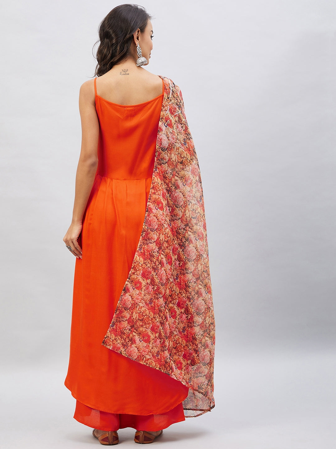 InWeave Women's Orange Strappy Set With Beige Orange Floral Organza Dupatta - Swadesiicart