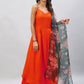 InWeave Women's Orange Strappy Set With Black Floral Organza Dupatta - Swadesiicart