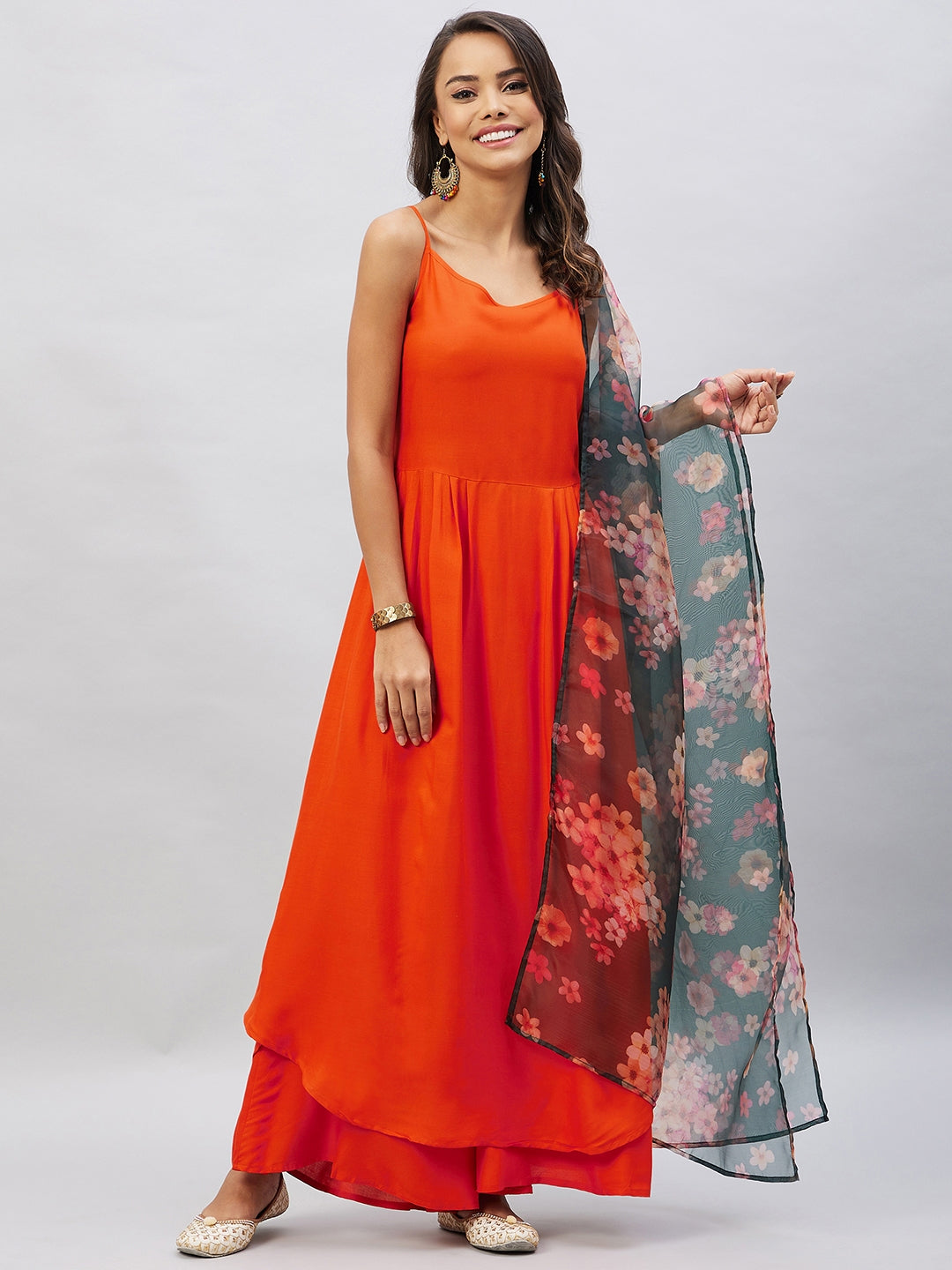 InWeave Women's Orange Strappy Set With Black Floral Organza Dupatta - Swadesiicart