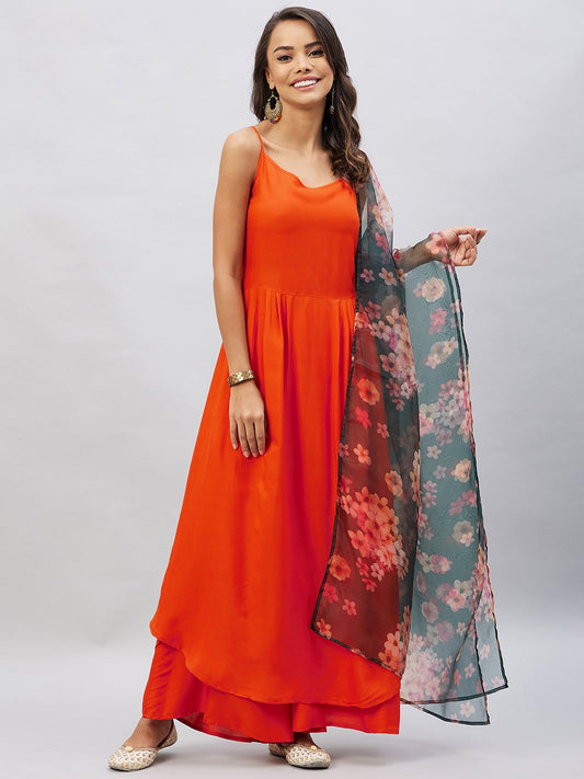 InWeave Women's Orange Strappy Set With Black Floral Organza Dupatta - Swadesiicart