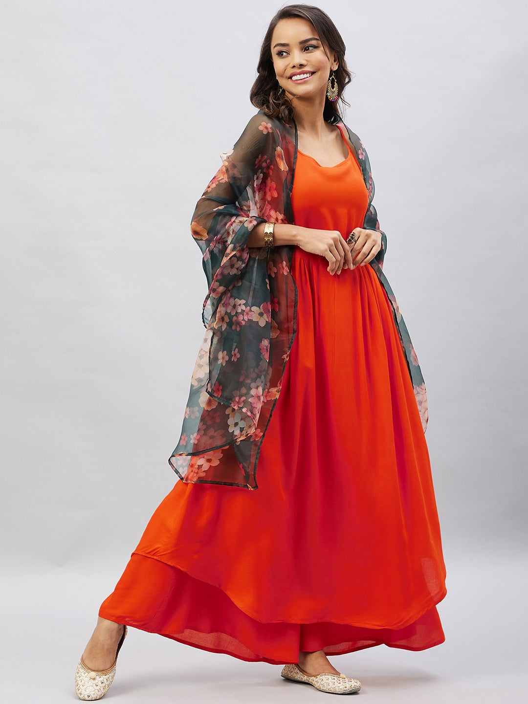 InWeave Women's Orange Strappy Set With Black Floral Organza Dupatta - Swadesiicart