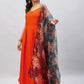 InWeave Women's Orange Strappy Set With Black Floral Organza Dupatta - Swadesiicart