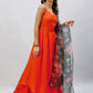 InWeave Women's Orange Strappy Set With Black Floral Organza Dupatta - Swadesiicart