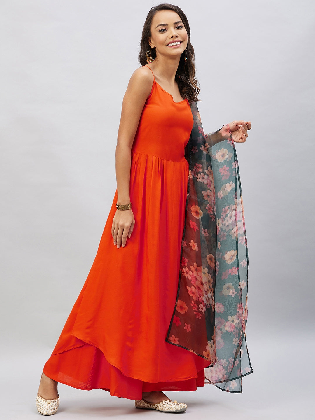 InWeave Women's Orange Strappy Set With Black Floral Organza Dupatta - Swadesiicart