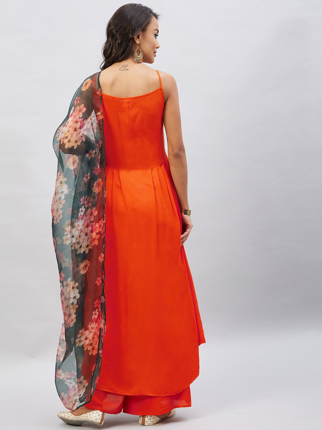 InWeave Women's Orange Strappy Set With Black Floral Organza Dupatta - Swadesiicart