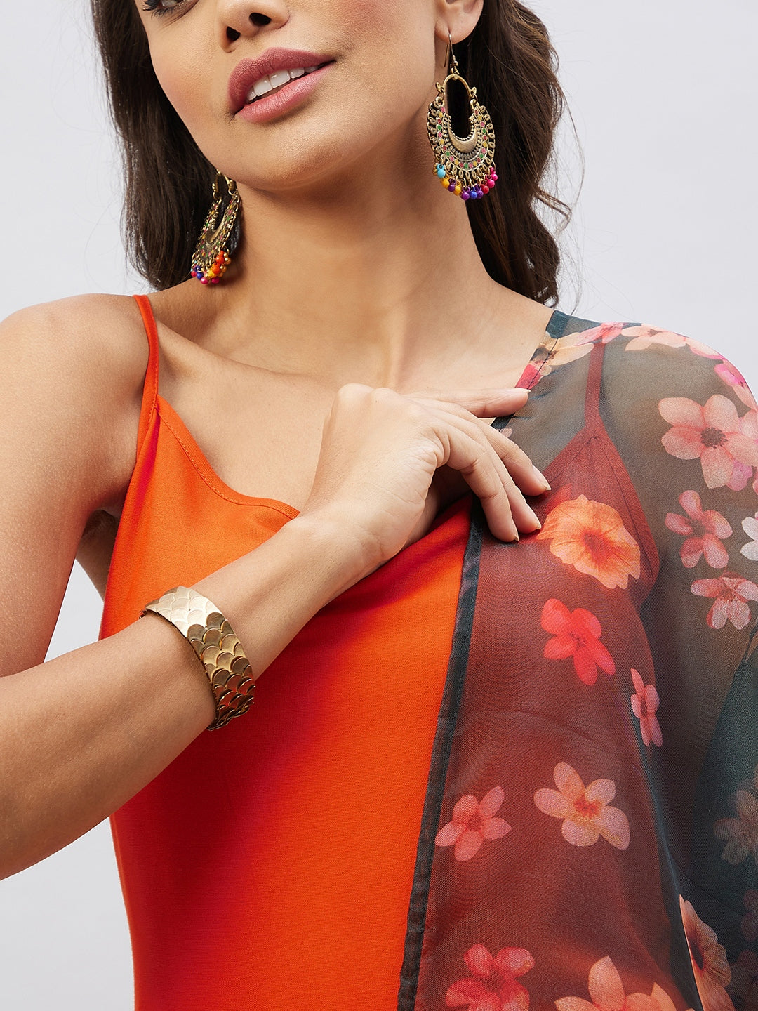 InWeave Women's Orange Strappy Set With Black Floral Organza Dupatta - Swadesiicart