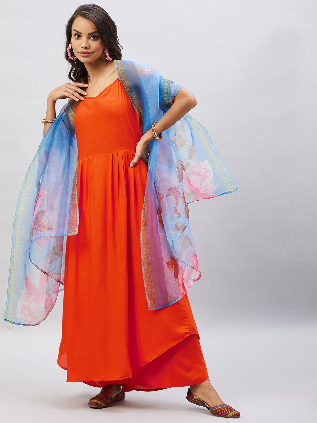 InWeave Women's Orange Strappy Set With Blue Fuchsia Organza Dupatta - Swadesiicart