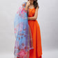 InWeave Women's Orange Strappy Set With Blue Fuchsia Organza Dupatta - Swadesiicart