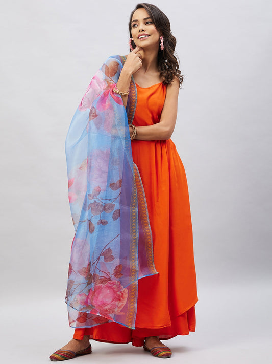 InWeave Women's Orange Strappy Set With Blue Fuchsia Organza Dupatta - Swadesiicart