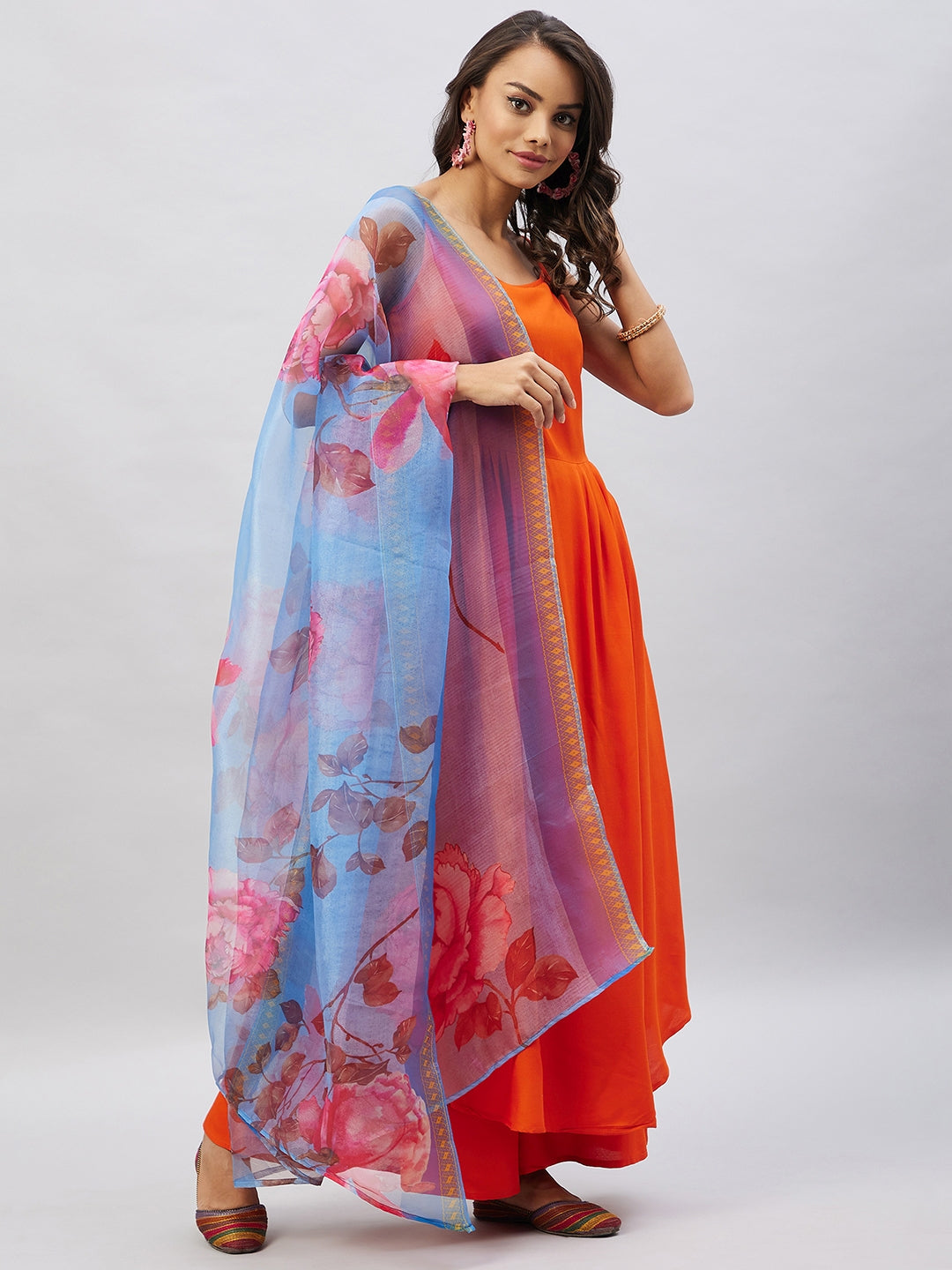InWeave Women's Orange Strappy Set With Blue Fuchsia Organza Dupatta - Swadesiicart