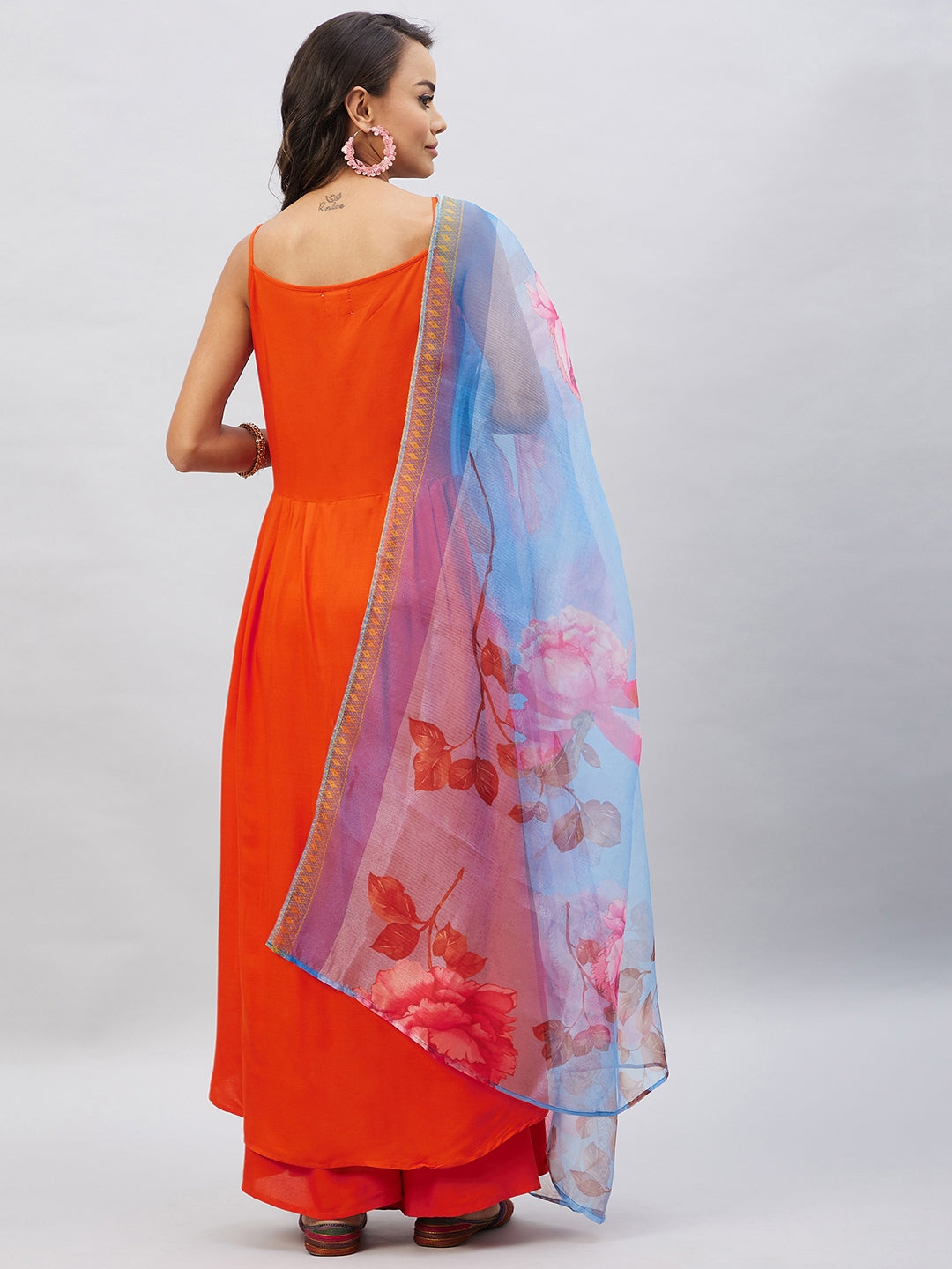 InWeave Women's Orange Strappy Set With Blue Fuchsia Organza Dupatta - Swadesiicart