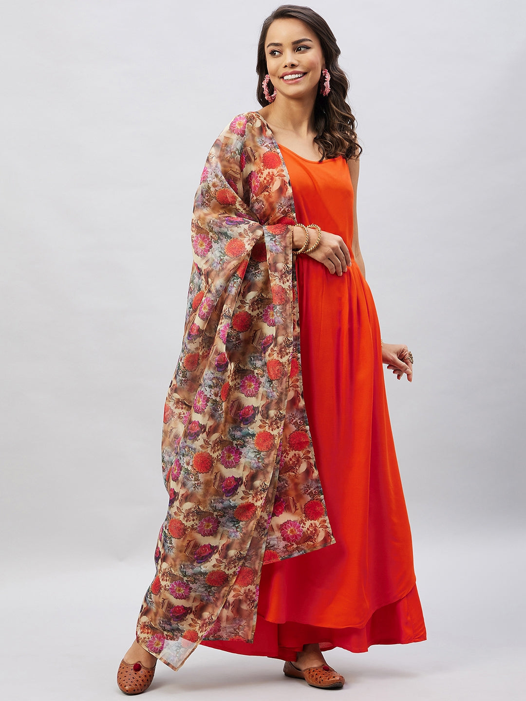 InWeave Women's Orange Strappy Set With Camel Brown Floral Organza Dupatta - Swadesiicart