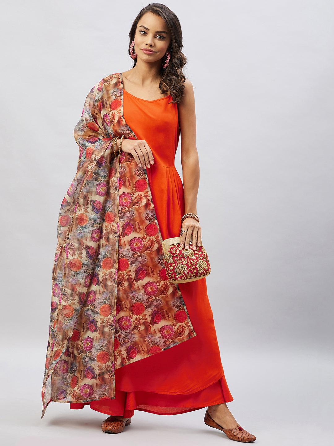 InWeave Women's Orange Strappy Set With Camel Brown Floral Organza Dupatta - Swadesiicart