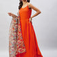 InWeave Women's Orange Strappy Set With Camel Brown Floral Organza Dupatta - Swadesiicart