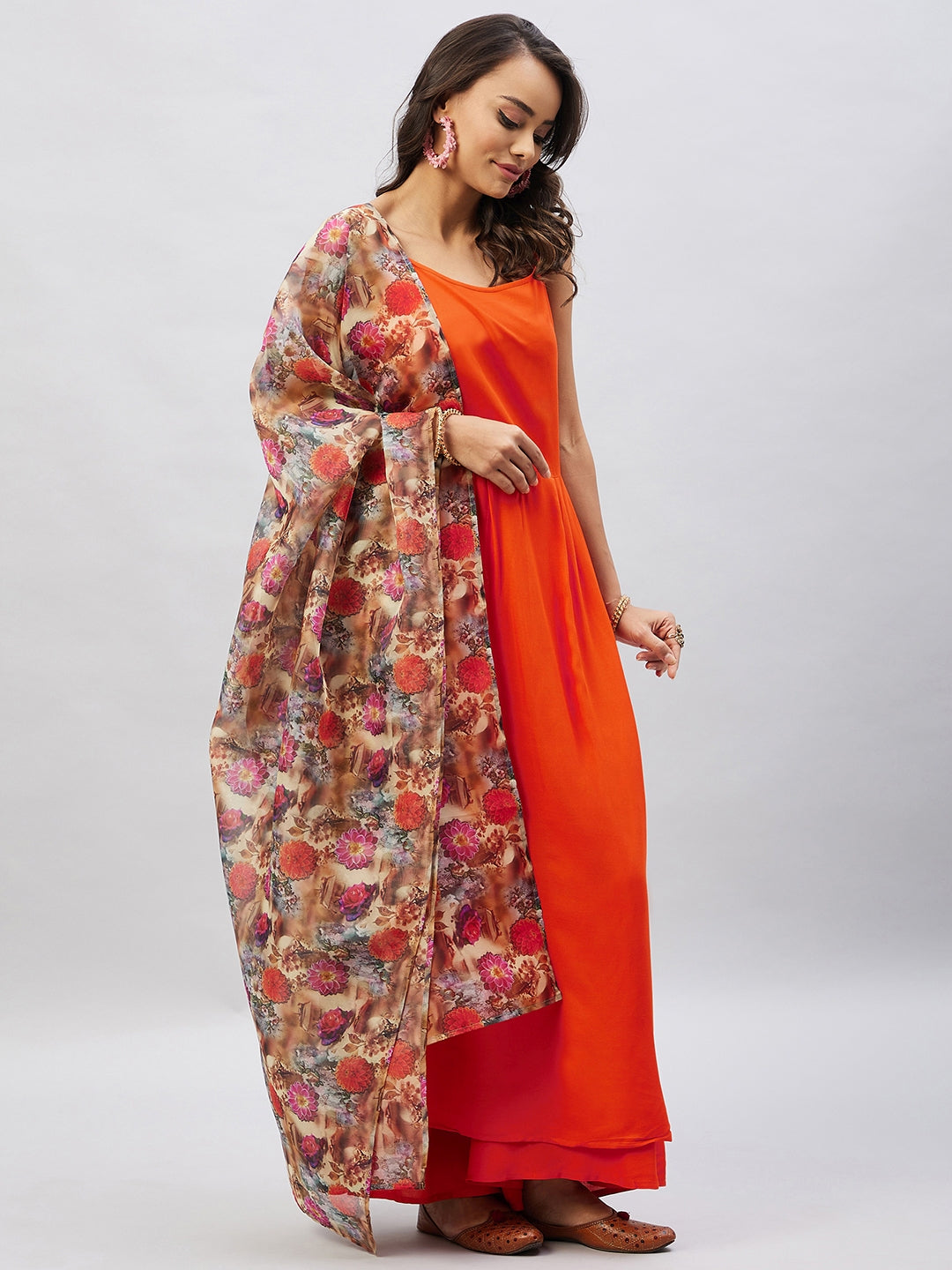 InWeave Women's Orange Strappy Set With Camel Brown Floral Organza Dupatta - Swadesiicart