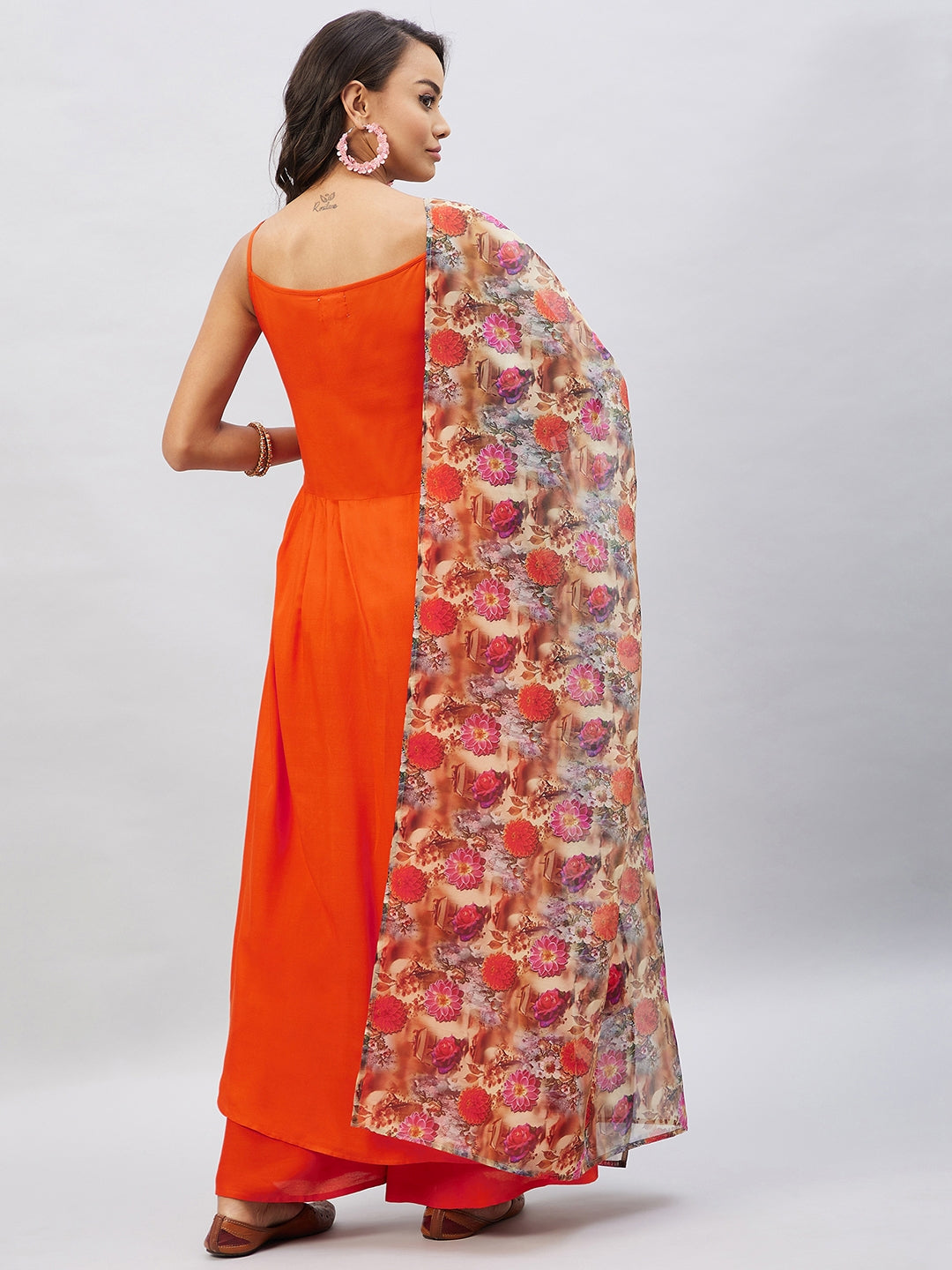 InWeave Women's Orange Strappy Set With Camel Brown Floral Organza Dupatta - Swadesiicart