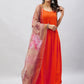 InWeave Women's Orange Strappy Set With Gold Pink Organza Dupatta - Swadesiicart