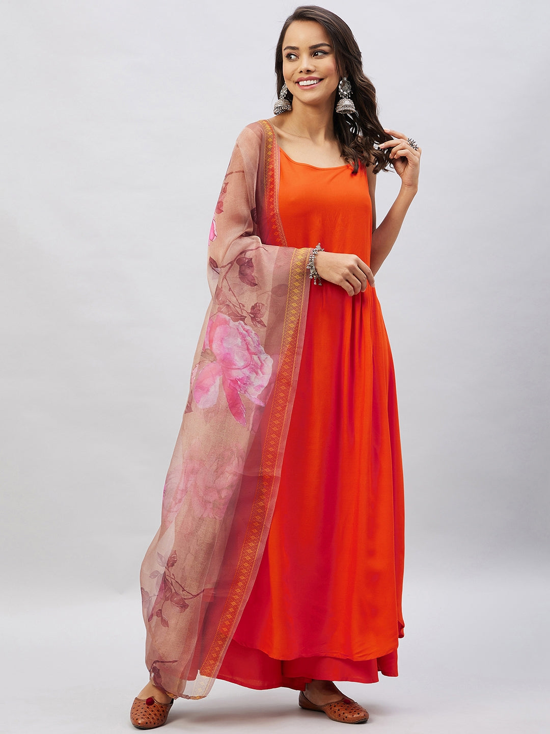 InWeave Women's Orange Strappy Set With Gold Pink Organza Dupatta - Swadesiicart