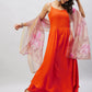 InWeave Women's Orange Strappy Set With Gold Pink Organza Dupatta - Swadesiicart