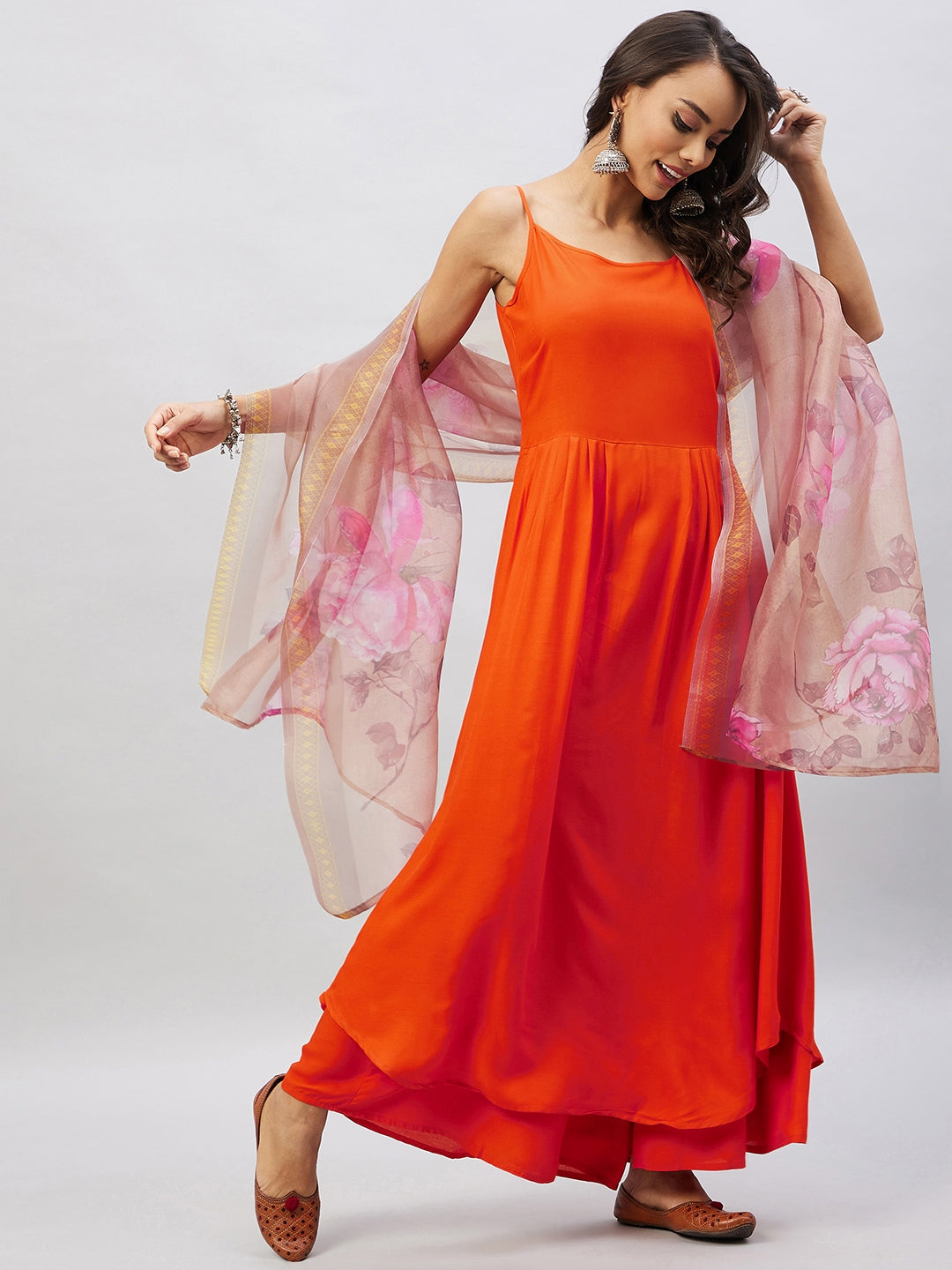 InWeave Women's Orange Strappy Set With Gold Pink Organza Dupatta - Swadesiicart