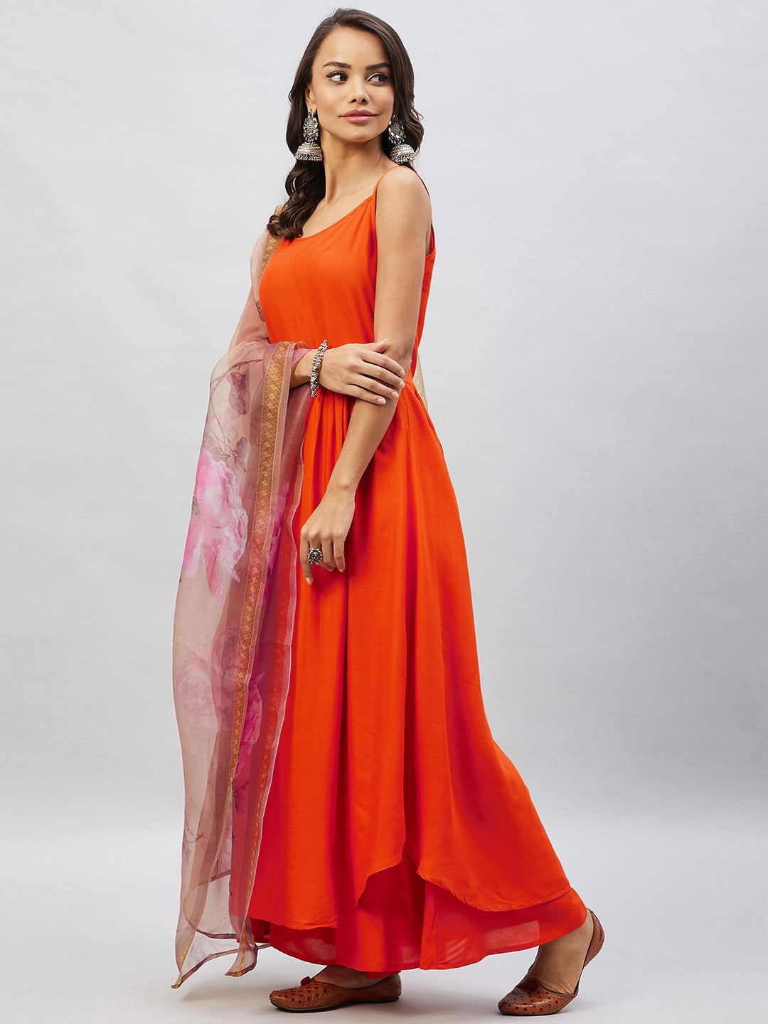 InWeave Women's Orange Strappy Set With Gold Pink Organza Dupatta - Swadesiicart