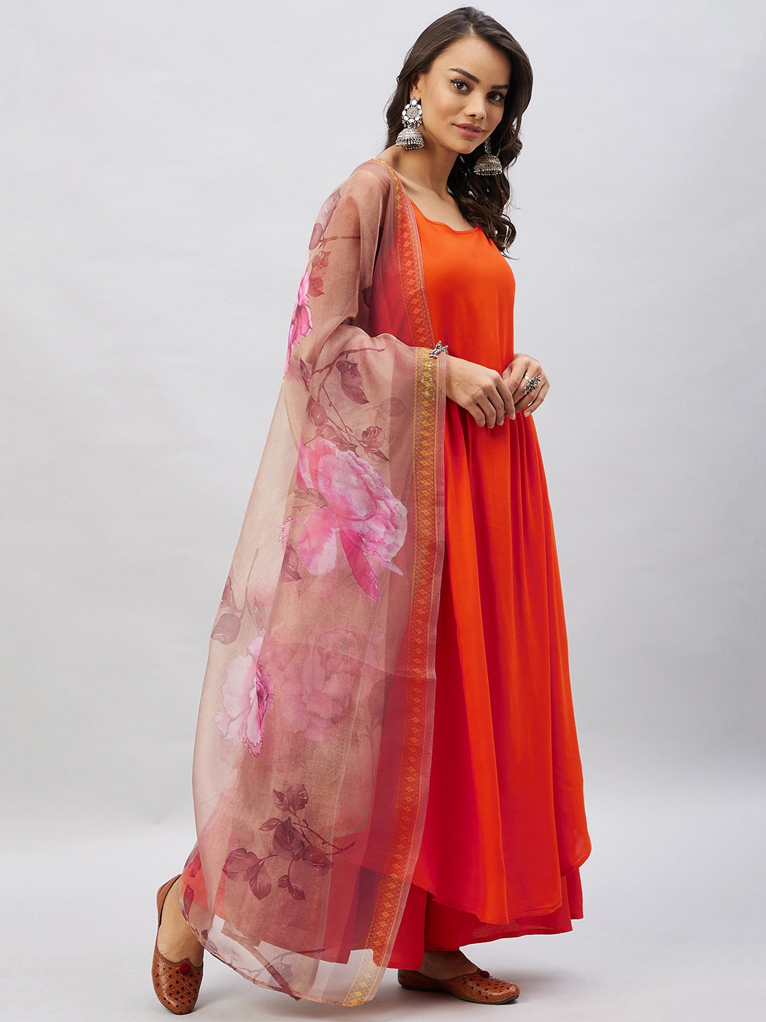 InWeave Women's Orange Strappy Set With Gold Pink Organza Dupatta - Swadesiicart