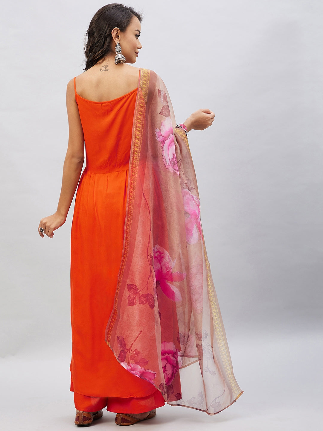 InWeave Women's Orange Strappy Set With Gold Pink Organza Dupatta - Swadesiicart