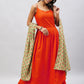InWeave Women's Orange Strappy Set With Light Green Orange Print Dupatta - Swadesiicart