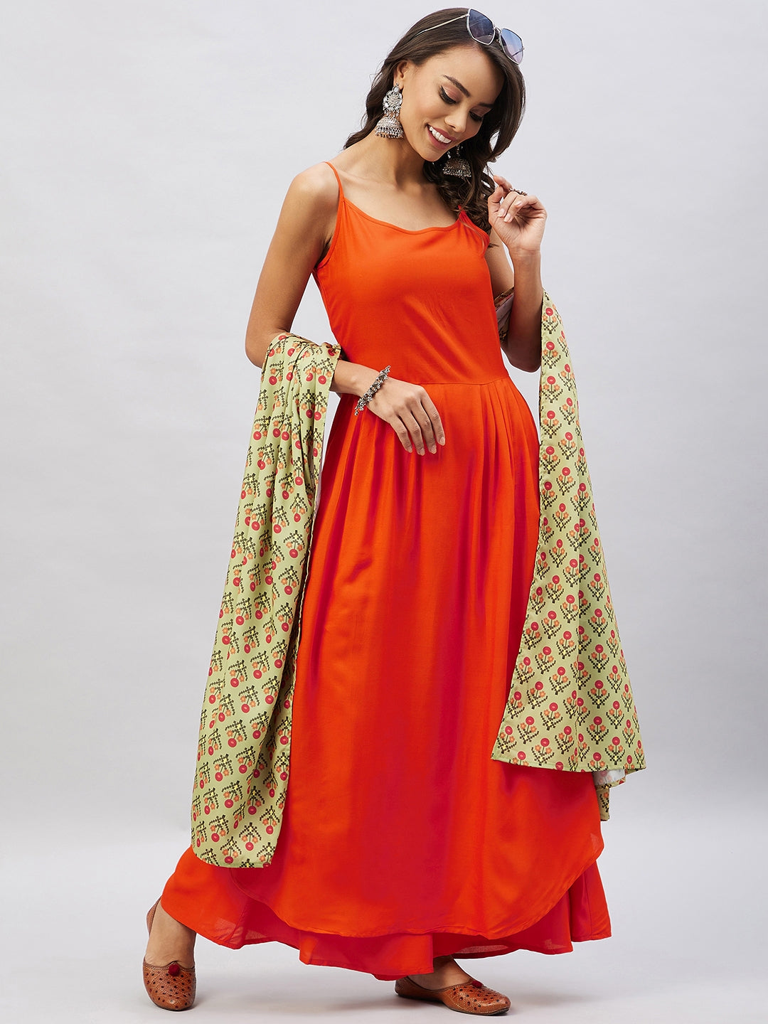 InWeave Women's Orange Strappy Set With Light Green Orange Print Dupatta - Swadesiicart