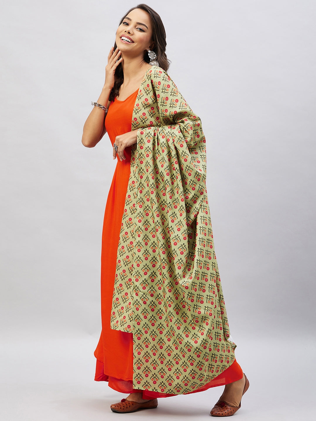 InWeave Women's Orange Strappy Set With Light Green Orange Print Dupatta - Swadesiicart