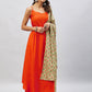 InWeave Women's Orange Strappy Set With Light Green Orange Print Dupatta - Swadesiicart