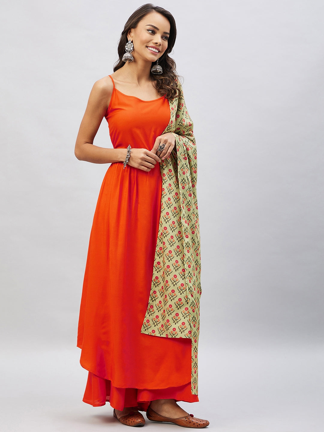 InWeave Women's Orange Strappy Set With Light Green Orange Print Dupatta - Swadesiicart