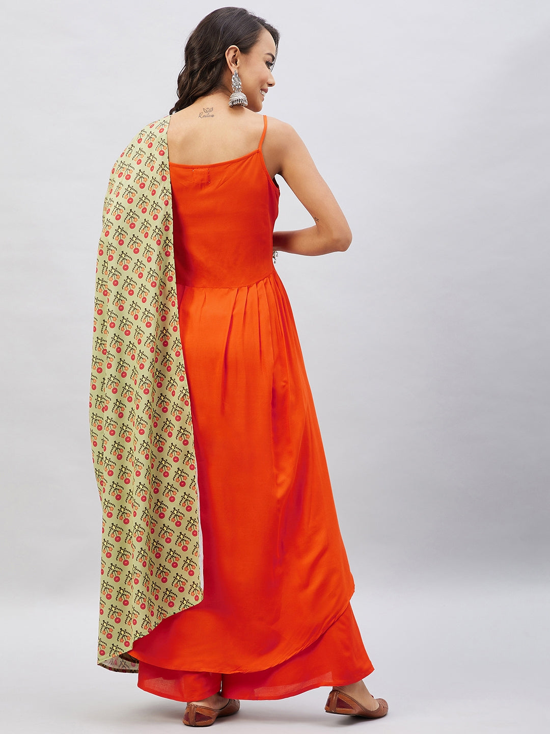 InWeave Women's Orange Strappy Set With Light Green Orange Print Dupatta - Swadesiicart