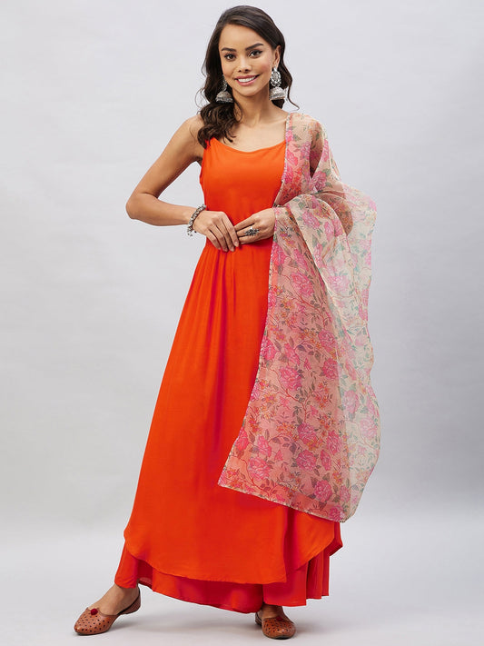 InWeave Orange Strappy Set With Light Olive Organza Dupatta - Swadesiicart