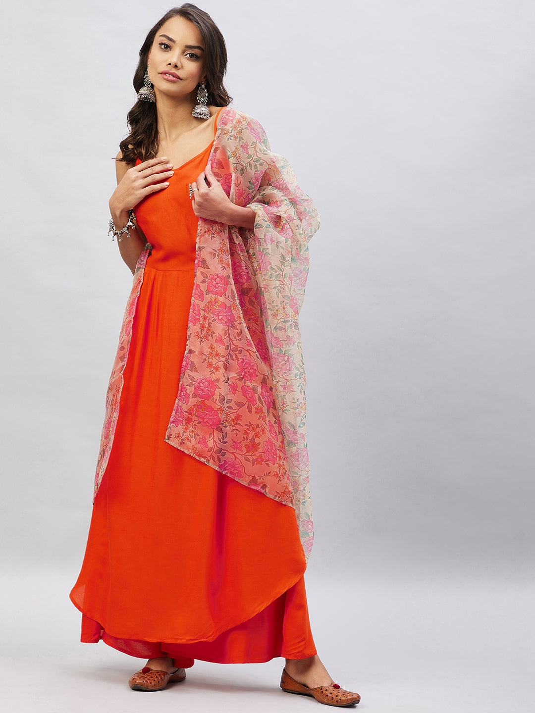 InWeave Orange Strappy Set With Light Olive Organza Dupatta - Swadesiicart