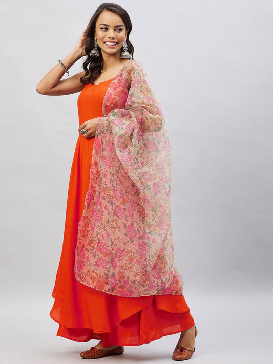 InWeave Orange Strappy Set With Light Olive Organza Dupatta - Swadesiicart