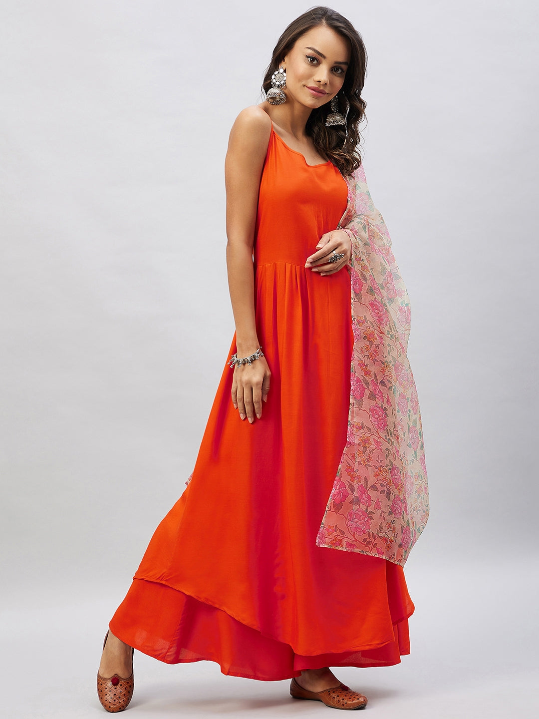 InWeave Orange Strappy Set With Light Olive Organza Dupatta - Swadesiicart