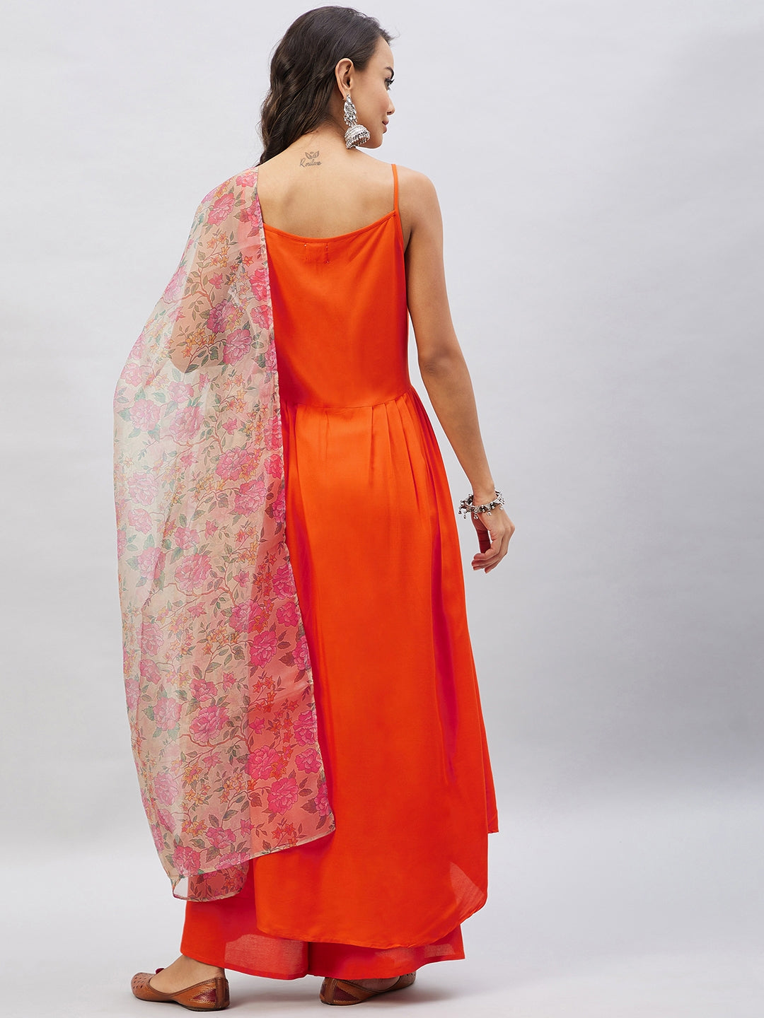 InWeave Orange Strappy Set With Light Olive Organza Dupatta - Swadesiicart