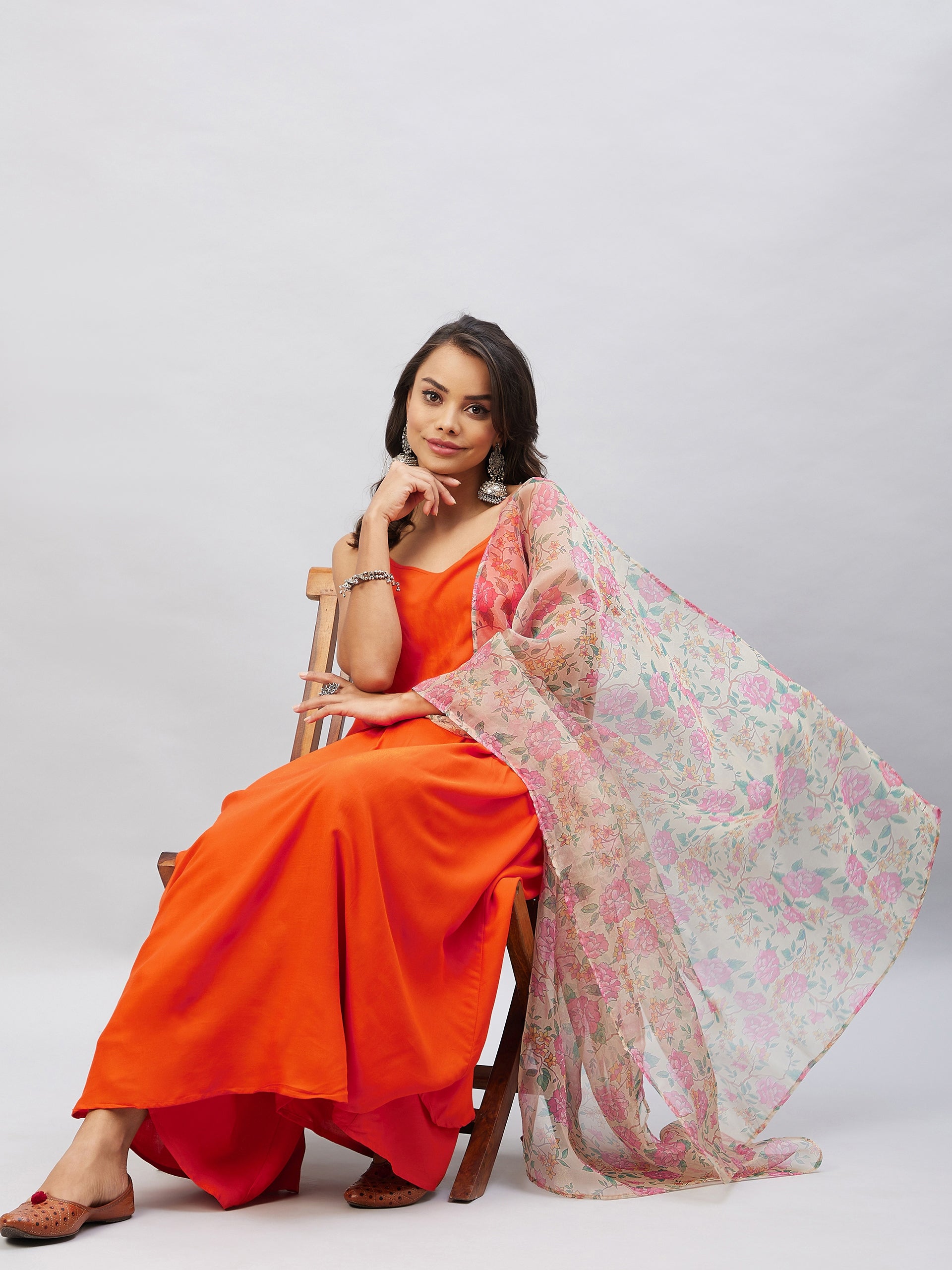 InWeave Orange Strappy Set With Light Olive Organza Dupatta - Swadesiicart