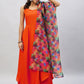 InWeave Women's Orange Strappy Set With Maroon Abstract Organza Dupatta - Swadesiicart